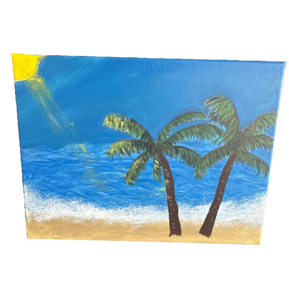 Original Tropical Beach Painting Palm Trees Ocean Canvas Coastal Wall Art