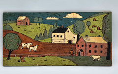 Vtg Primitive Folk Art Painting Wood Board Farm Hills Naive Paint by Number 12″