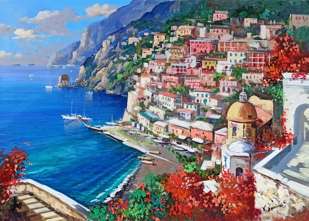 POSITANO PAINTING FLOWERING SEASIDE ORIGINAL CANVAS SOMMA ITALIAN PAINTER ITALY