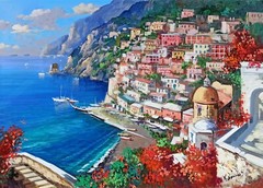 POSITANO PAINTING FLOWERING SEASIDE ORIGINAL CANVAS SOMMA ITALIAN PAINTER ITALY