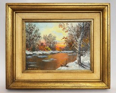 H. Robinson Oil Painting Winter Snow River Sunset Landscape Framed Canvas 9×12