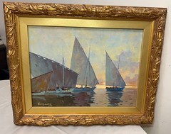 Vintage original Evgeny Expressionism nautical sail boat oil painting on canvas