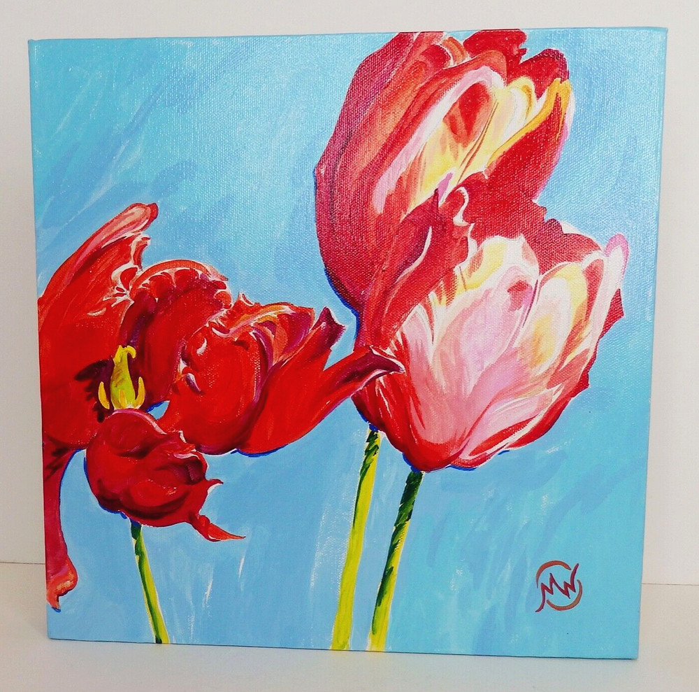 Original Painting on Canvass Tulip Flowers Red & Aqua by M. Ritchie 12″ x 12″