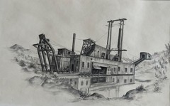 Detta Dahl Orig Charcoal Painting Dredge On The Swan Colorado Gold Mine 23”x17”