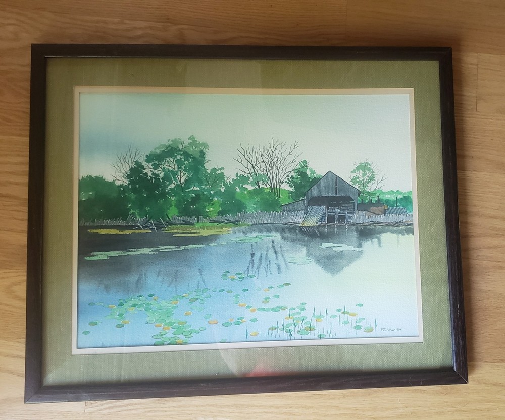 Vintage 1984 SIGNED Fairman ORIGINAL WATERCOLOR PAINTING Rustic Barn Scene