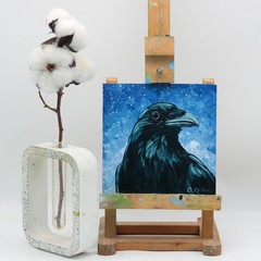 Original Raven Oil Painting Crow Wall Art Small Art Night Sky Gothic Home Decor