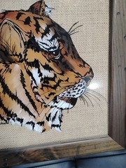 Vintage Art Reverse Glass Painting Of Tigers Head Frame 16”x14” Signed By Artist