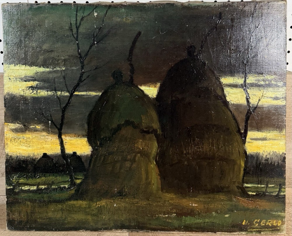 1935 Original Urbain Gerlo Oil On Canvas Belgian Winter Haystacks Signed