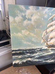 Large Vintage Oil Painting Sailing Ship in Rough Seas Signed Nautical