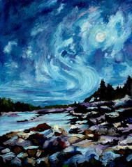 Original painting, NIGHT, landscape, colored wax, signed, 10×8