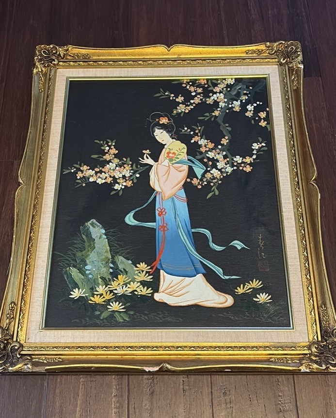 Original Oil On Canvas Signed Asian Japanese Painting Geisha Framed 21×25