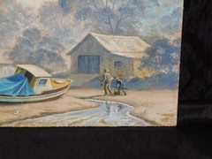 Golding Father Son Fishing Boat Stream Painting Original Art on Board Signed