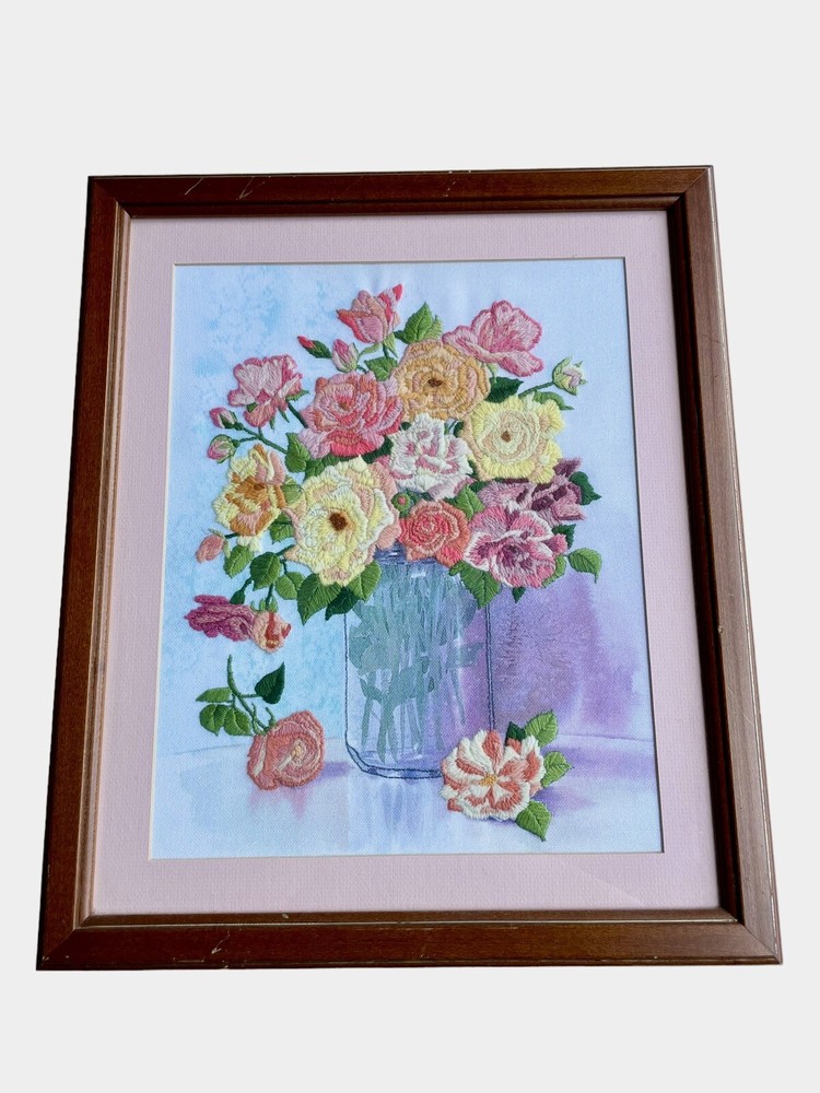 Hand-Embroidered Framed Wall Art W/ Pink Yellow Purple Rose Bouquet Vase 16”x19”
