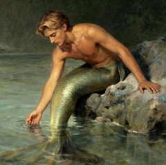 Hand-painted oil painting art young male nude man mermaid on canvas 24″X24″