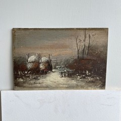 19th Century Antique Winter Landscape Oil Painting „Hay Carts“ Small Artwork