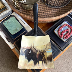 VTG Hand Painted Shovel Head Folk Art Wildlife American Bison Buffalo Elk Cabin