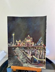 Winter City Night Painting, Holiday Lights Cityscape, Handmade, Signed by Artist