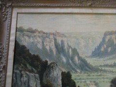 VINTAGE OIL PAINTING MOUNTAIN RANGE LANDSCAPE CASTLE VILLAGE TOWN SIGNED 1950’S