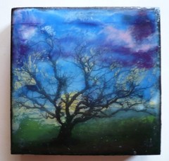 VINTAGE SMALL PURPLE LANDSCAPE IMPRESSIONIST MODERN on WOOD MINIATURE OIL ENAMEL