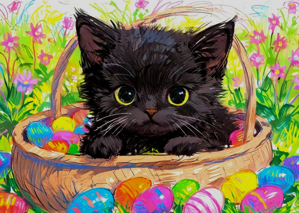 ACEO Mini *Art Print* Black Cat Kitten Easter Egg Basket Flower Garden -Saulite