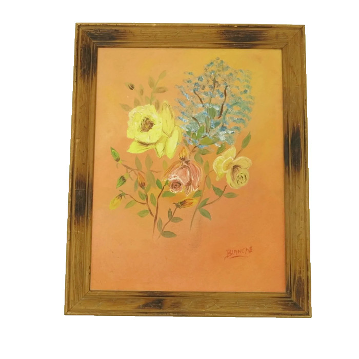 Vintage Retro Floral Flowers Still Life Painting Rustic Wood Frame Signed