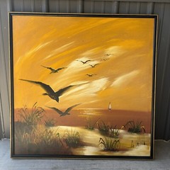 A. Wilson Seascape Birds Oil Painting on Canvas MCM Large 37×37 Statement Piece!