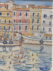 Artist Signed Watercolor Matted Art Mediterranean Harbor Boats