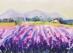 Art Print Watercolor Painting Landscape Flowers Lavender Field -5×7 inches – NEW