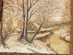 ORIGINAL 19th Century Oil on Canvas RIVER CABIN Signed GEO. Period Gesso Frame