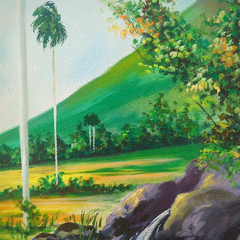 Vintage Cuban Folk Art Landscape Painting Tropical River Palm Trees Acrylic/Boar