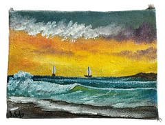 Sailboats at Seashore Outsider Art by J. Solol 7.25×5.25 in