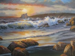 Coastal Sunset Beach Painting Landscape American Vintage Nautical Seascape Oil