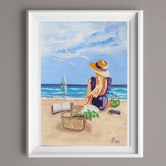 Beach Girl Painting Summer Ocean Coastal Art Seaside Relaxing Picnic 8×12 Decor