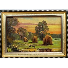 Haystacks Original Oil Painting 6×4 Framed Signed Storks Landscape Sunset Art