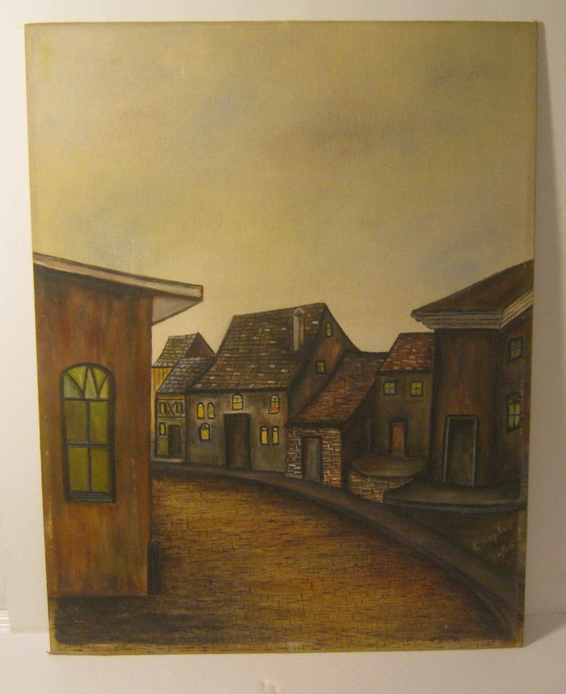 1965 Primitive COBBLED STREET Village Scene by LOUISE RIGBY Oil on Canvas Board