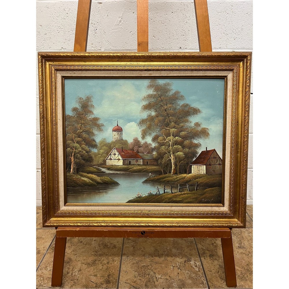 European farm landscape painting oil on canvas, signed German artist framed