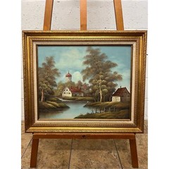 European farm landscape painting oil on canvas, signed German artist framed