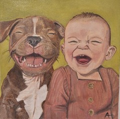 Acrylic Painting Happy Baby And Puppy 8×8 canvas paper OOAK