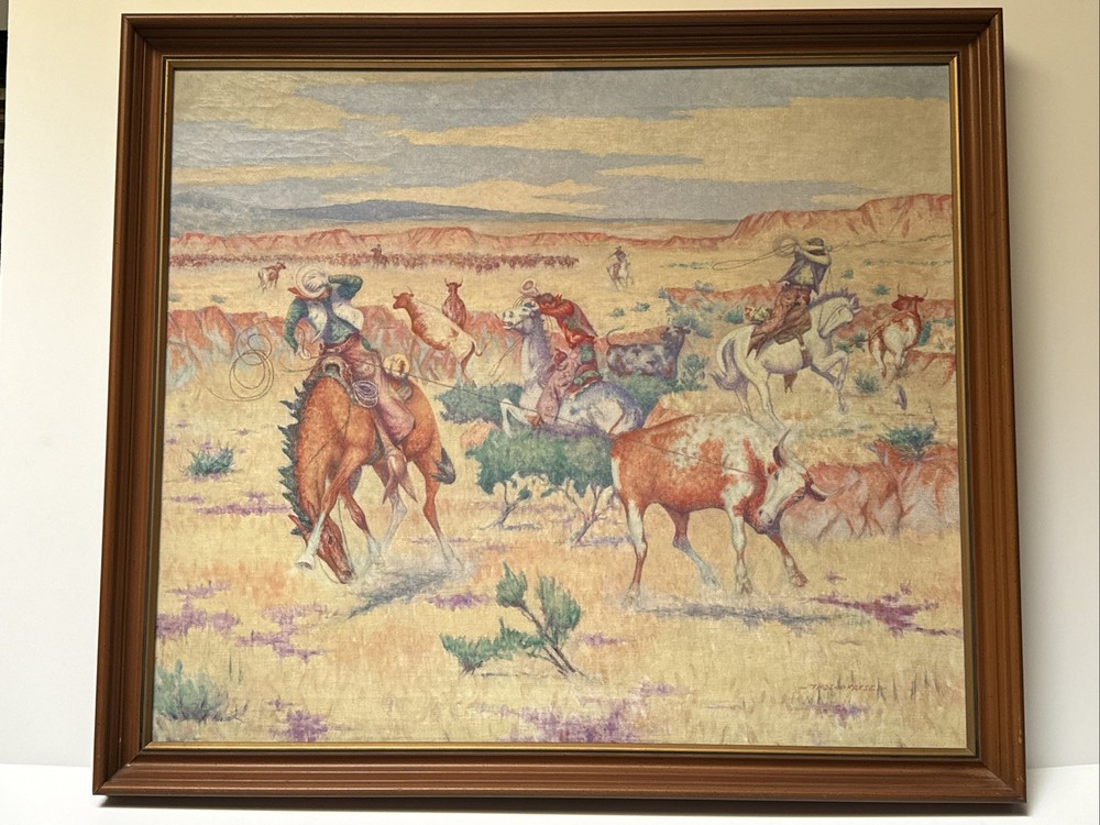 Antique Painting Cowboy Western Wrangler Cow Horse Large 1930’s Landscape Frese
