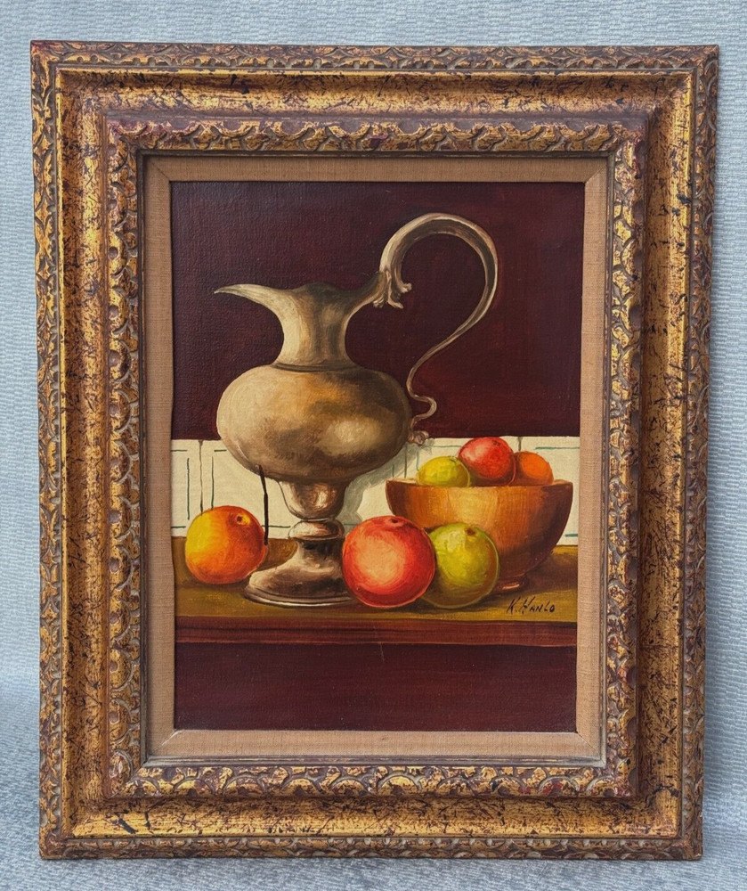 K HANLO HOLLAND SIGNED OIL PAINTING STILL LIFE SILVER VASE WITH ASSORTED FRUITS