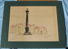 Vintage Ink, Gouache & Watercolor of Place de la Bastille by Claude Rodewald