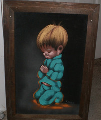 Velvet Painting Praying Child 14 X 21 Inches 1970’s Wood Frame Signed Silveria