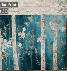 Art Canvas Abstract Turquoise & Golden White Birch Trees 20” x 30”