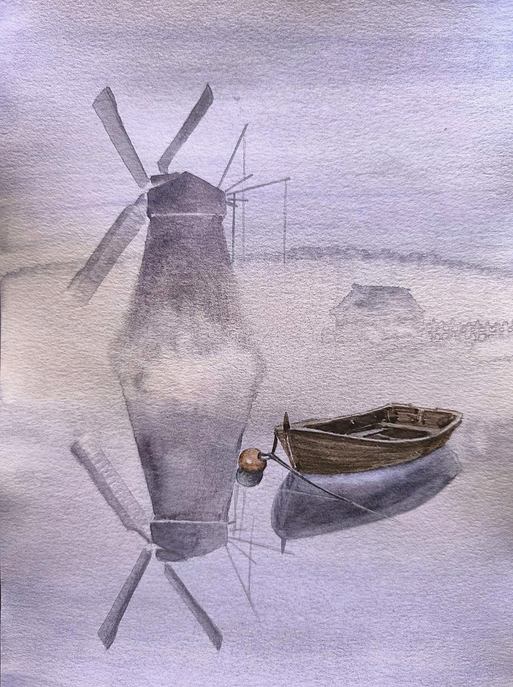 BOAT SKY FOG Original Modern Artwork Painting Landscape WINDMILL Art Seascape A4