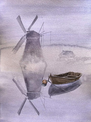 BOAT SKY FOG Original Modern Artwork Painting Landscape WINDMILL Art Seascape A4