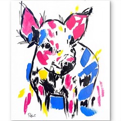 Party Pig Original Acrylic Ink 11×14 Colorful Farm Animal Signed Farmhouse Art
