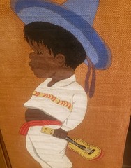 SAN ANTONIO TEXAS ARTIST ADRIEL SQUEAKY MCGILL 16″X 36″ FIESTA BOY GUITAR BURLAP