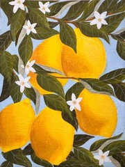 original painting lemon tree gouache on paper 5×7 flowering tree branches