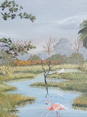 Florida Landscape Painting Palm Trees Flamingo By June Peters Signed Framed