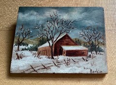 Miniature Oil Painting 2 1/4” X 1 3/4” New England Red Barn in Winter “Barbie”